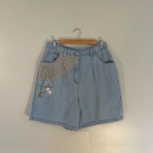 Together Light Blue Denim Shorts with Palm Embroidery Beach Vacation Summer